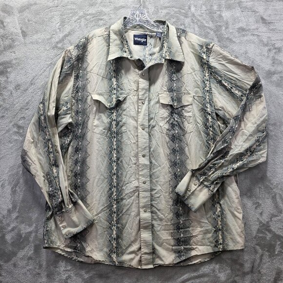 Wrangler Shirt Mens 2XL XXL Gray Blue Aztec Western Pearl Snap Long Sleeve - Picture 1 of 11